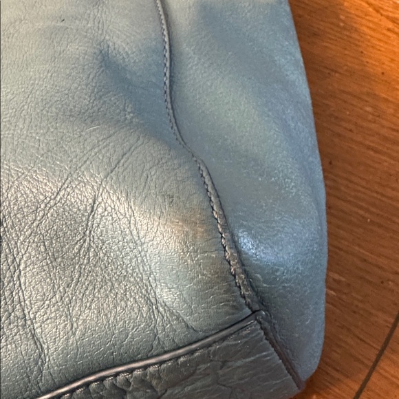 FOSSIL Rachel Large Leather Tote With Zipper Light Blue Brown Handles Brass Trim - Picture 4 of 16